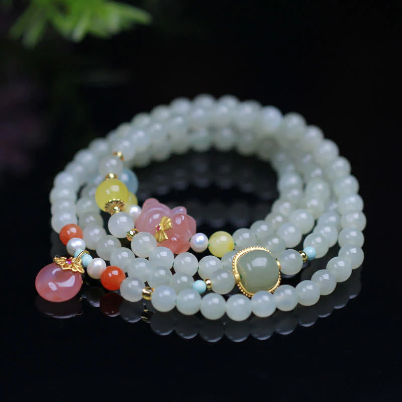 Buddha Stones Natural Hetian Jade Pink Crystal Peace Buckle Happiness Abundance Bracelet