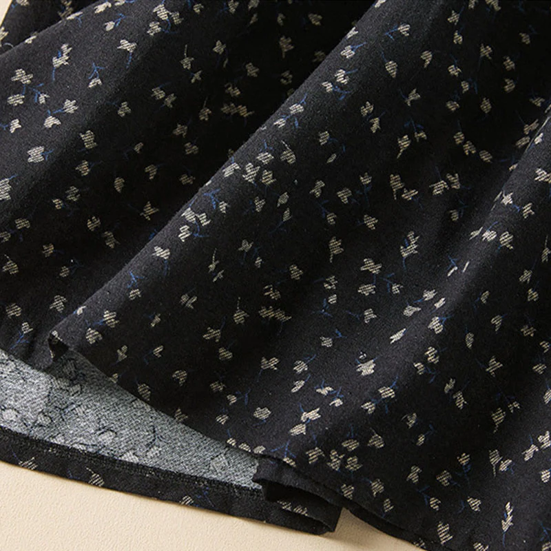 Buddha Stones Fall Printing Floral Buttons Lace Lapel Design Cotton Linen Midi Dress With Pockets