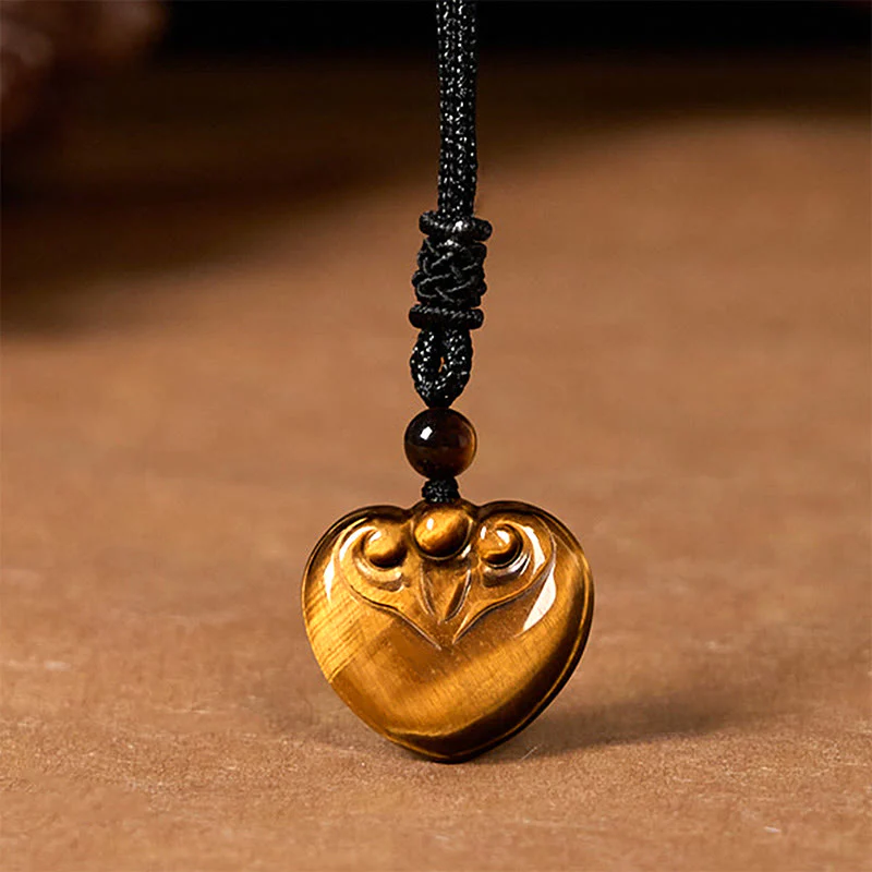 Buddha Stones Natural Tiger Eye Love Heart Pattern Protection Rope Necklace Pendant