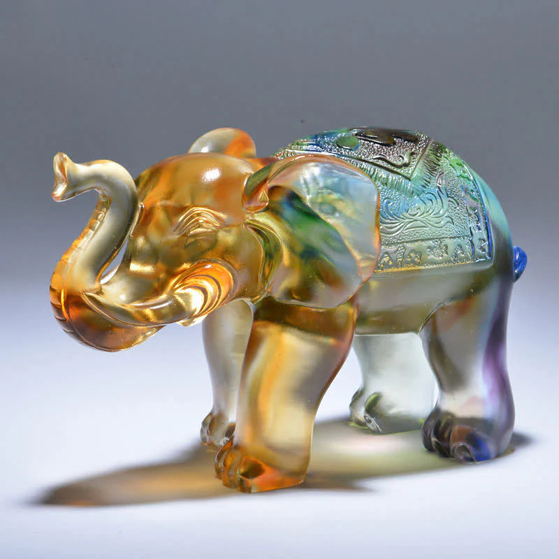 Buddha Stones Handmade Liuli Crystal Elephant Art Piece Wisdom Wealth Home Decoration