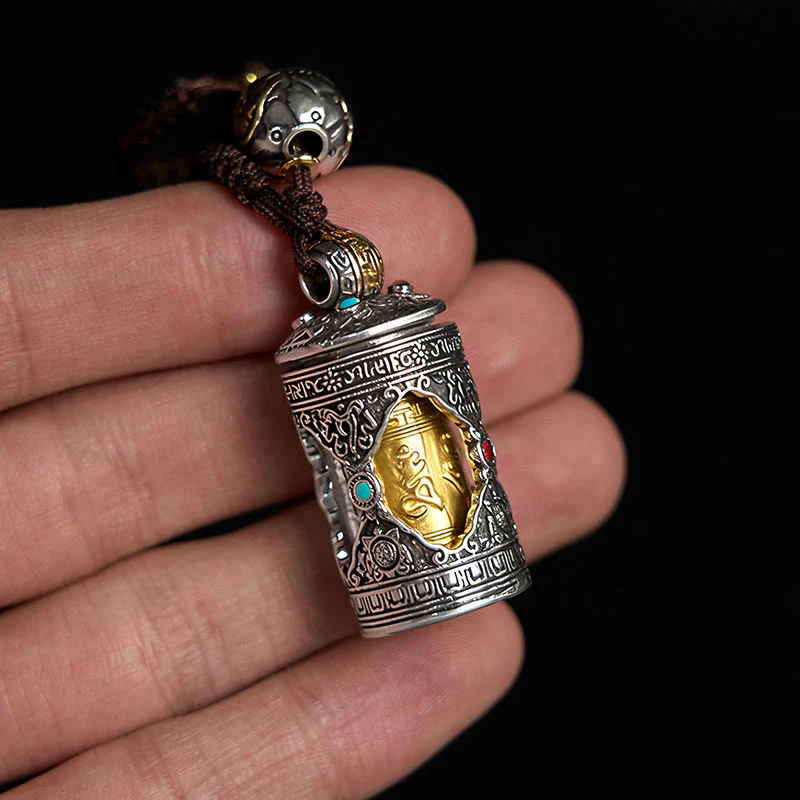 Buddha Stones Om Mani Padme Hum Ghau Prayer Box Copper Plated Silver Luck Key Chain