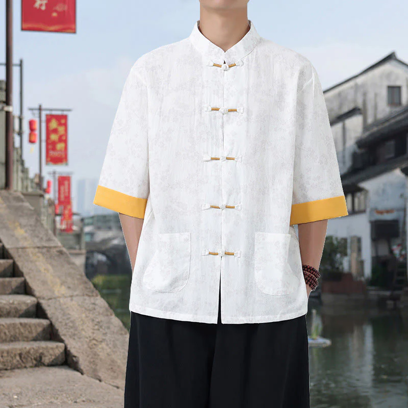 Buddha Stones Retro Printing Flower Pattern Frog-Button Design Stand Collar Men's Half Sleeve Cotton Shirt With Pockets