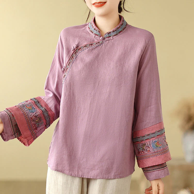 Buddha Stones Embroidered Slanted Buttons Cotton Linen Women's Shirt