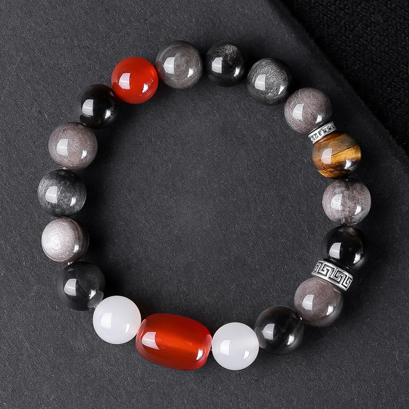 Buddha Stones Natural Silver Sheen Obsidian Tiger's Eye Six True Words 'Om Mani Padme Hum' Strength Bracelet