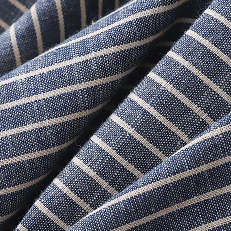 Buddha Stones LightSteelBlue White Striped Button Design Lapel Cotton Linen Midi Dress With Pockets