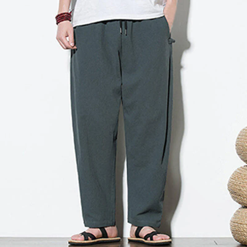 Buddha Stones Summer Side Frog-Button Design Men's Cotton Linen Pants With Pockets