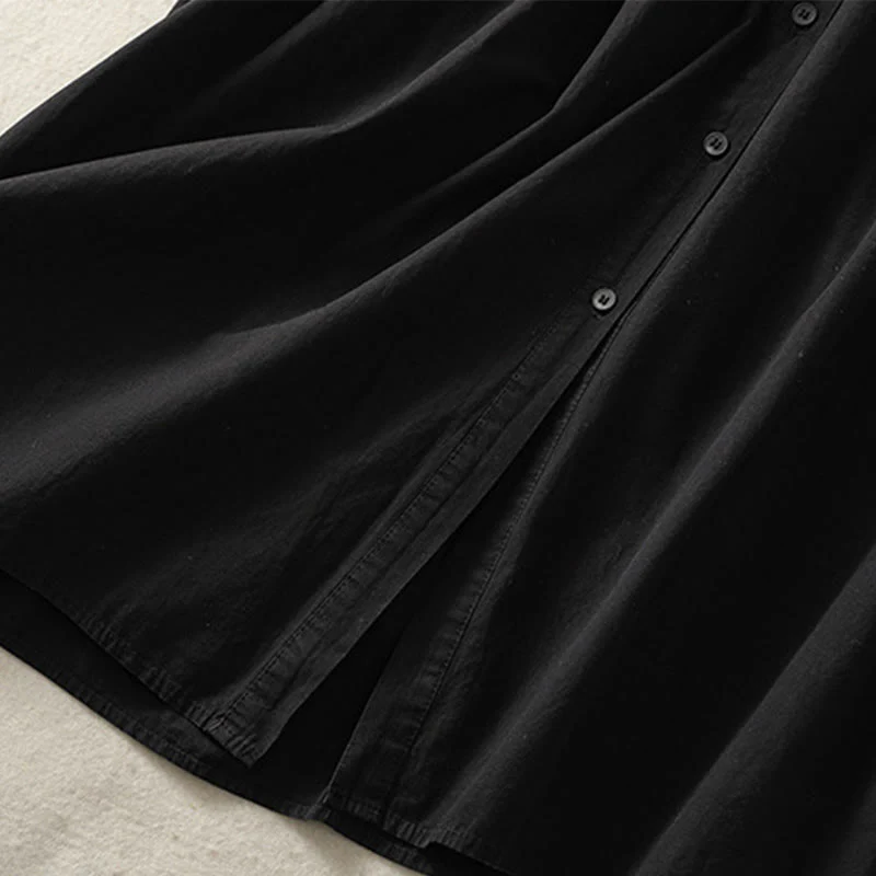 Buddha Stones Casual Plaid Pleats Buttons Design Long Sleeve Cotton Midi Dress With Pockets