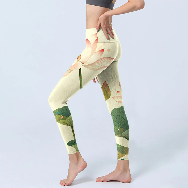 Buddha Stones Lotus Flower Leaf Dragonfly Print Fitness Leggings Women's Yoga Pants