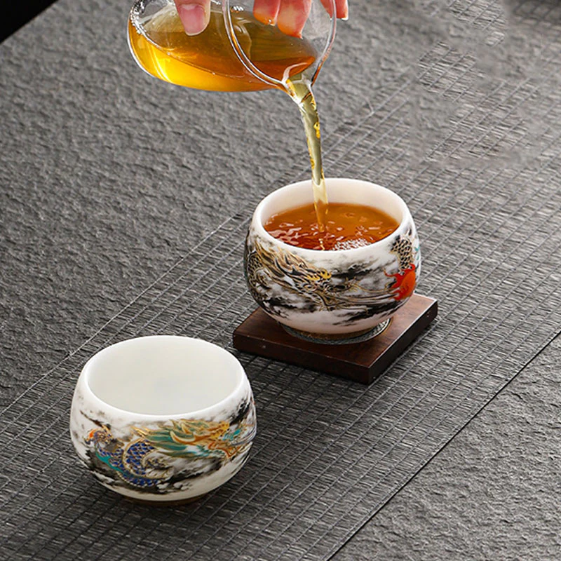 Buddha Stones Dragon Playing With Pearl Design White Porcelain Ceramic Teacup Kung Fu Tea Cup 160ml