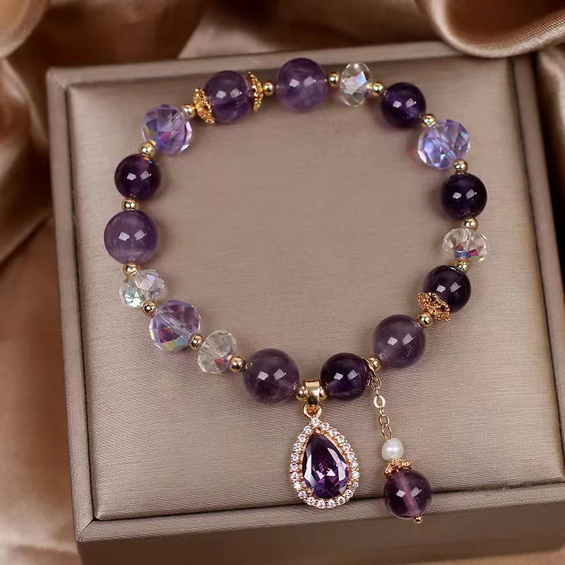 Buddha Stones Natural Amethyst Zircon Love Heart Healing Soul Charm Bracelet
