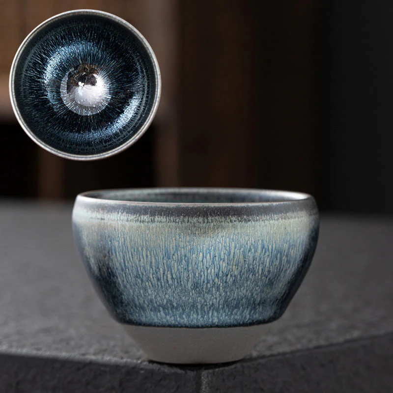Buddha Stones Vintage Chinese Silver Blue Jianzhan Kiln Change Porcelain Teacup Kung Fu Tea Cup