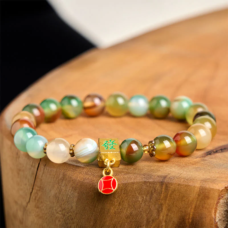 Buddha Stones Natural Peacock Agate Coin Courage Bracelet