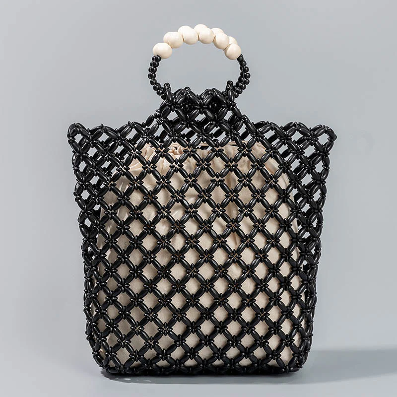Buddha Stones Hand-woven Fishing Line Braiding Mesh Hollow Wooden Beads Handbag