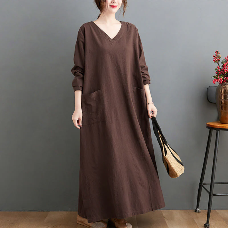 Buddha Stones Fall Casual Simple Design Long Sleeve Cotton Linen Maxi Dress With Pockets