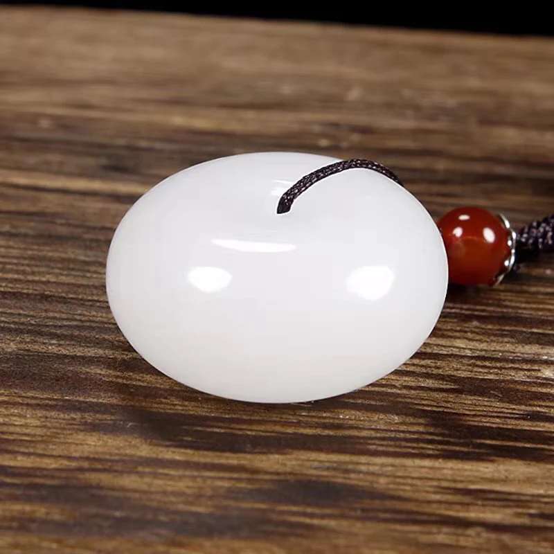 Buddha Stones Round Hetian White Jade Peace Buckle Blessing Necklace Pendant