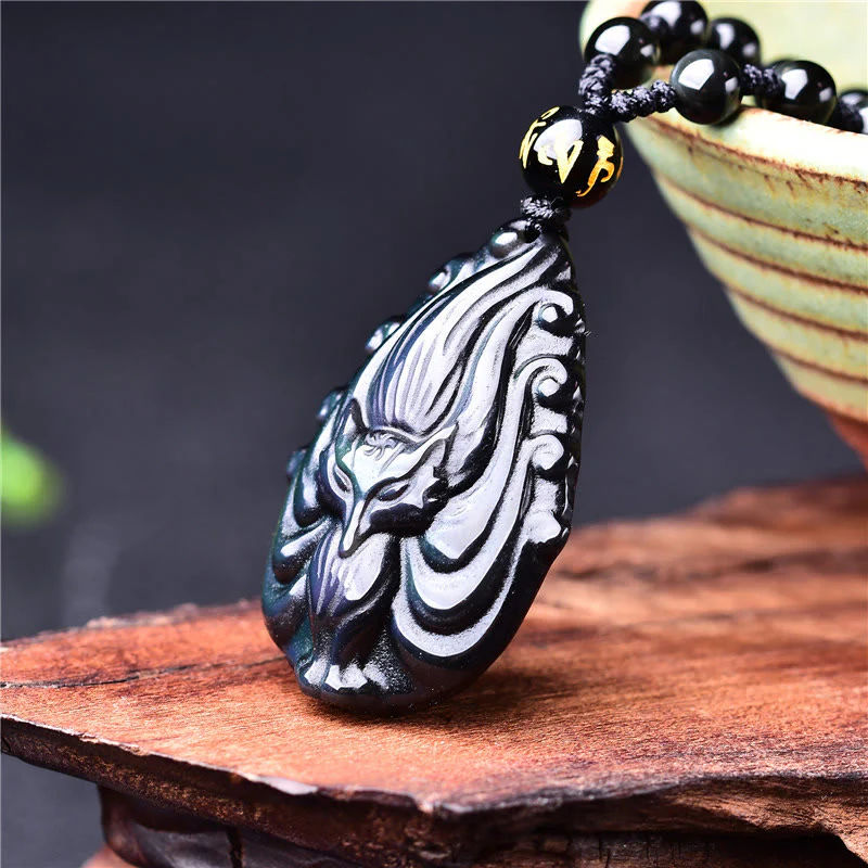 Buddha Stones Natural Rainbow Obsidian Nine Tailed Fox Inner Peace Necklace Beaded String Pendant