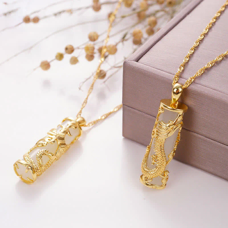 Buddha Stones Jade Dragon Phoenix Copper Blessing Harmony Necklace Pendant