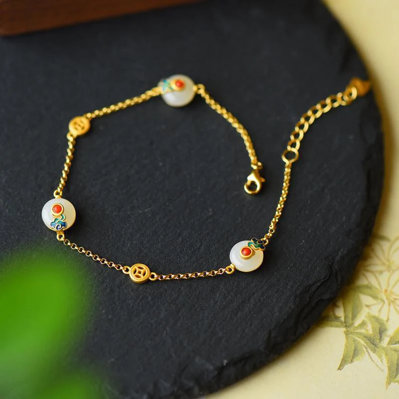 Buddha Stones Peace Buckle White Jade Luck Copper Bracelet