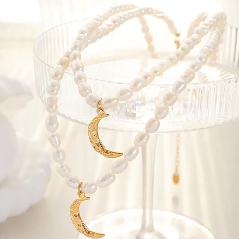 Buddha Stones Pearl Crescent Moon Calm Necklace Pendant