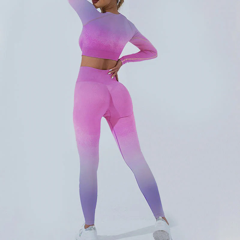 Buddha Stones Gradient Long Sleeve Crop Top Tee Bra Leggings Pants Fitness Yoga Outfit