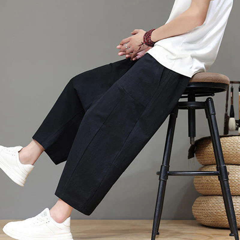Buddha Stones Casual Plain Low Crotch Design Drawstring Men's Cotton Elastic Waistband Wide Leg Pants With Pockets