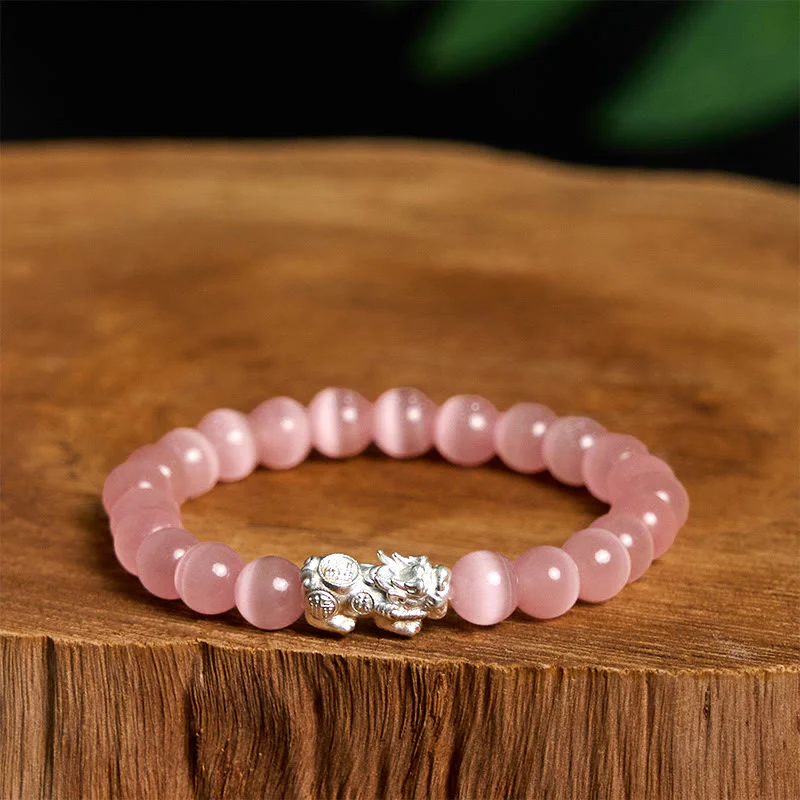 Buddha Stones Natural Cat's Eye Beads 990 Sterling Silver Pixiu Positive Bracelet