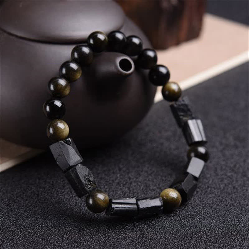 Buddha Stones Gold Sheen Obsidian Black Tourmaline Wealth Bracelet