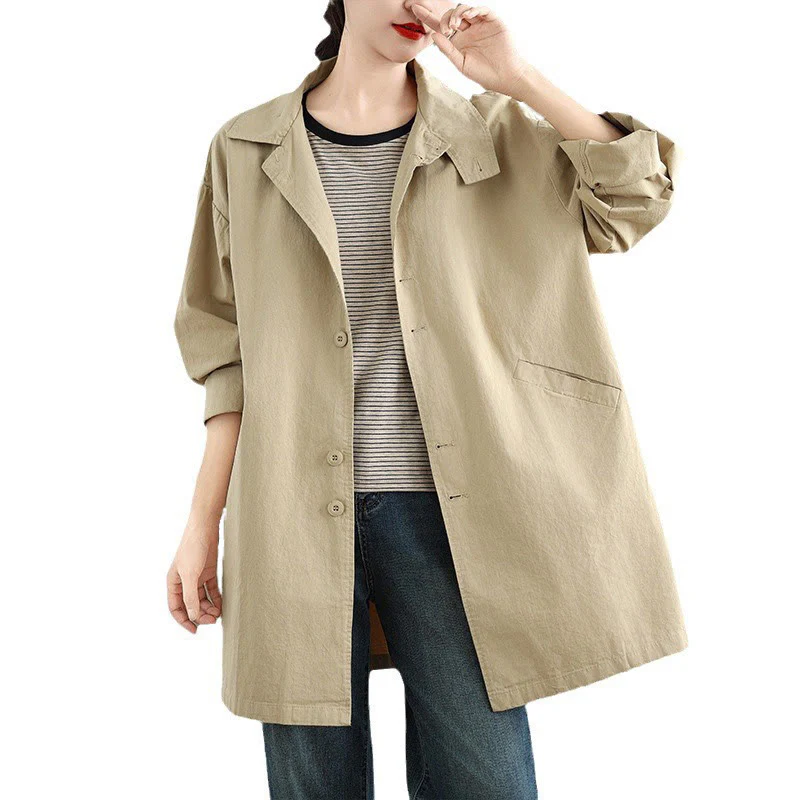 Buddha Stones Spring Plain Buttons Design Long Sleeve Women's Cotton Linen Jacket With Pockets