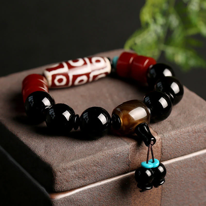 Buddha Stones Tibetan Nine-Eye Dzi Bead Black Onyx Wealth Protection Bracelet