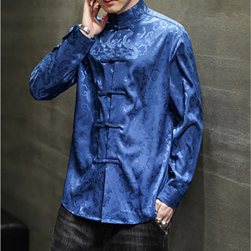 Buddha Stones Casual Dragon Pattern Frog-button Tang Suit Linen Men's Jacket Shirt