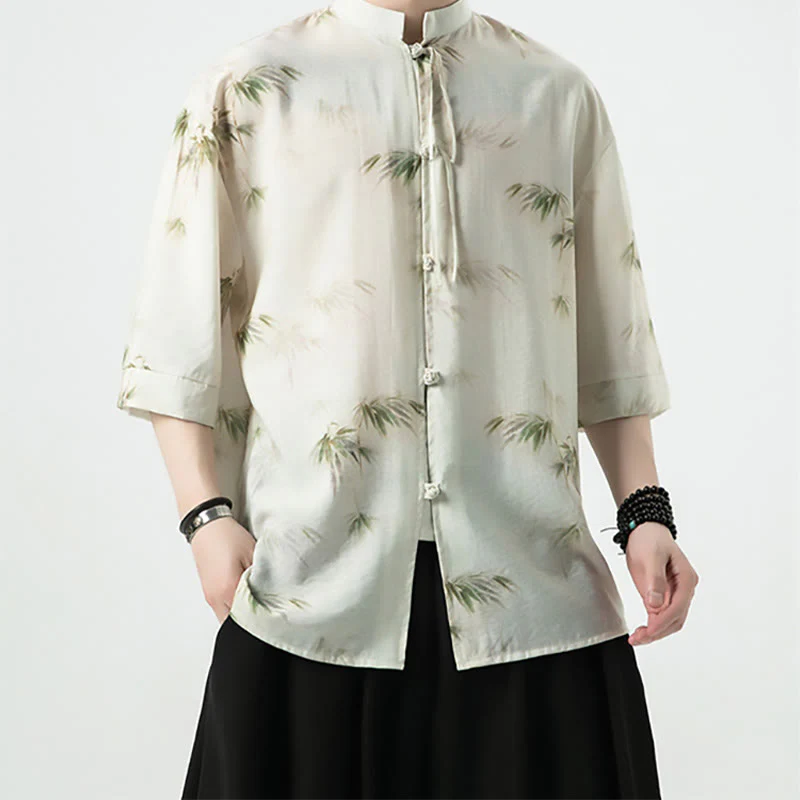 Buddha Stones Green Yellow Bamboo Leaves Print Half Sleeve Shirt Men's T-shirt