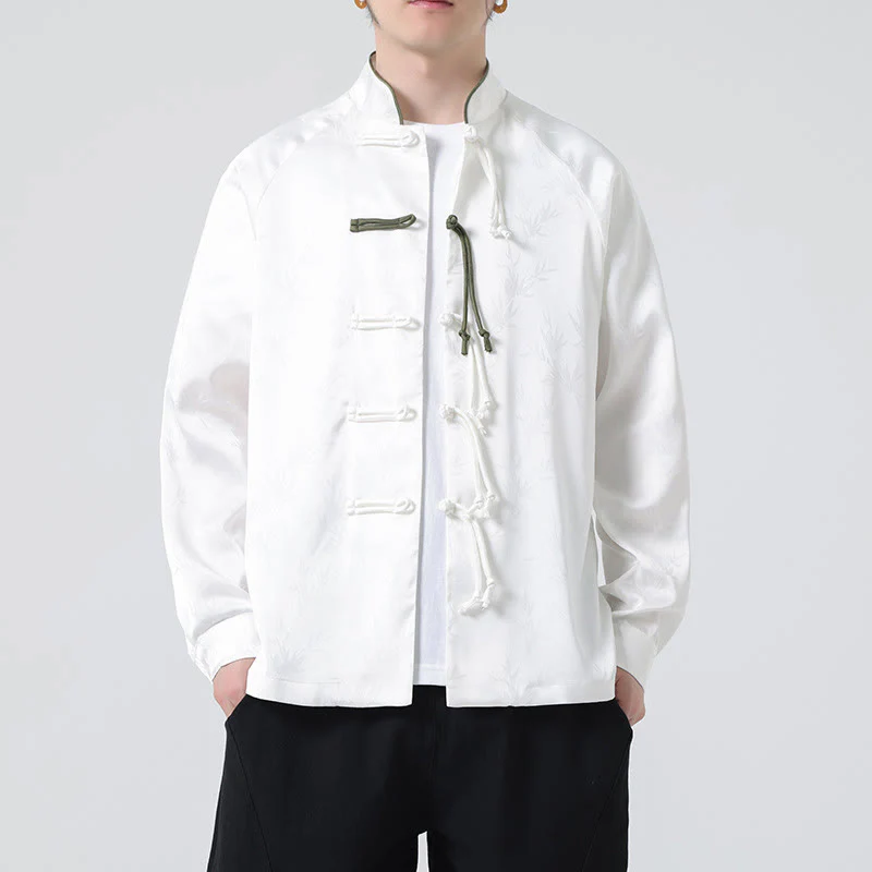 Buddha Stones Spring Jacquard Bamboo Leaves Pattern Chinese Frog-Button Design Men's Long Sleeve Shirt