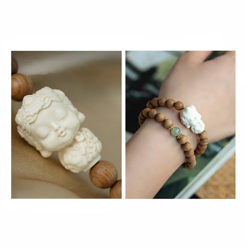 Buddha Stones Sandalwood Hetian Jade Ivory Fruit Green Tara Protection Bracelet