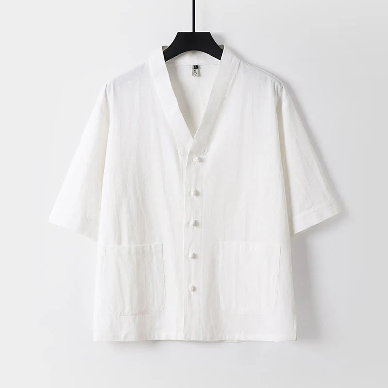 Buddha Stones 2Pcs Summer V-Neck Cotton Shirt Pants With Pockets Men's Meditation Cloth Set