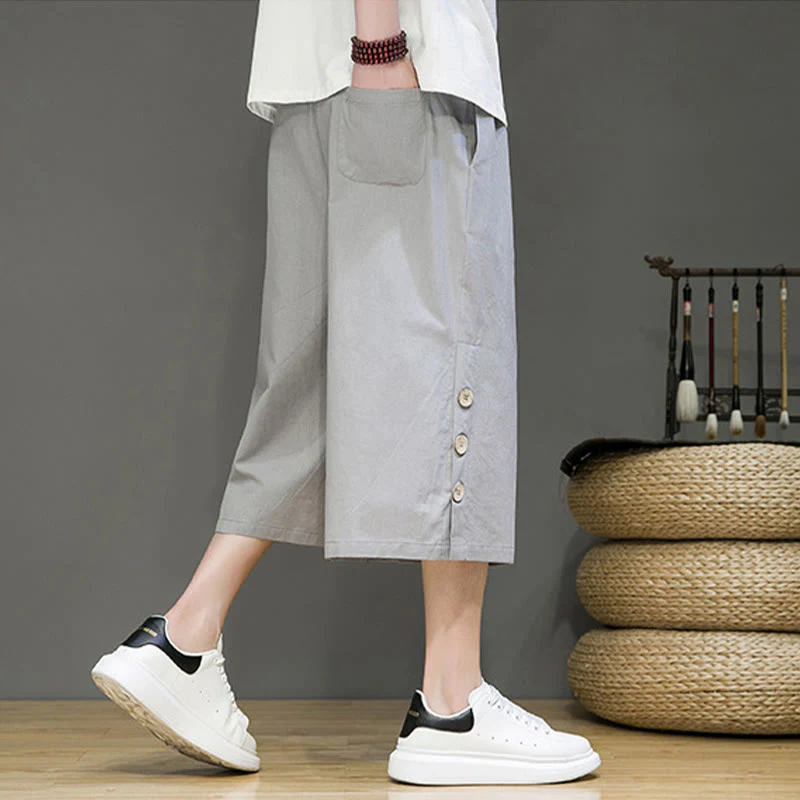 Buddha Stones Casual Plain Side Button Design Drawstring Men's Cotton Cropped Pants With Pockets