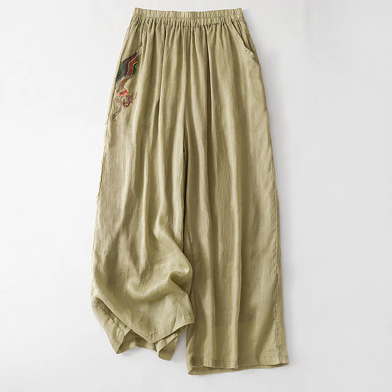 Buddha Stones Casual Flower Embroidery Women's Cotton Linen Elastic Waist Wide Leg Pants With Pockets