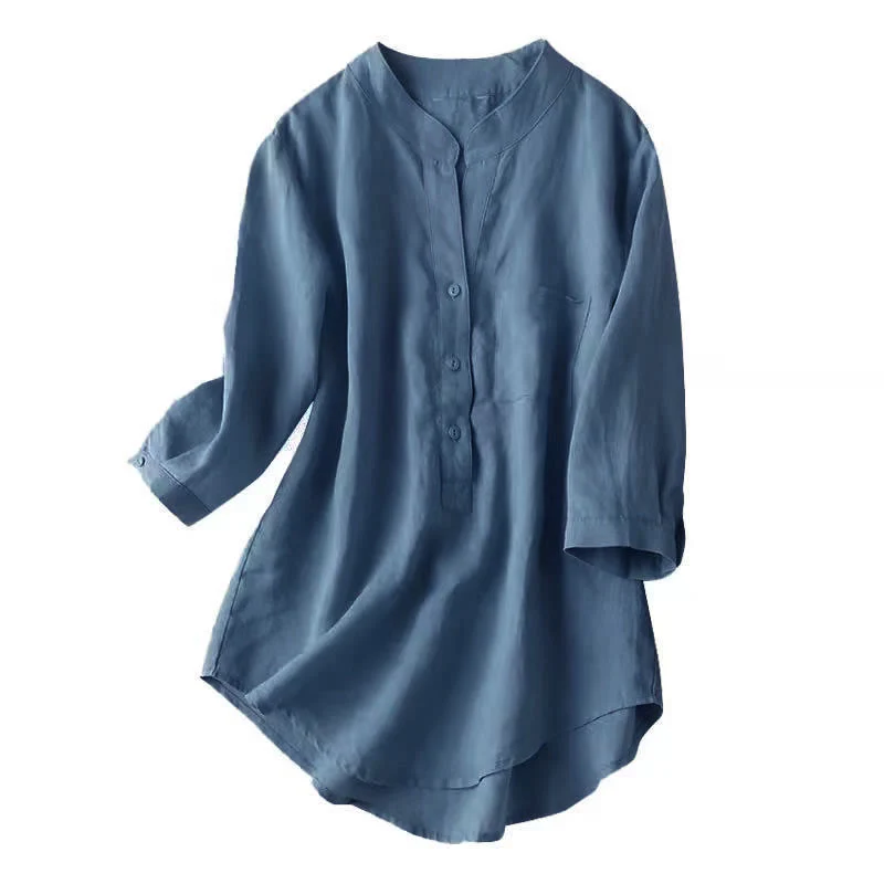 Buddha Stones Casual Women's V-neck Three Quarter Sleeve Design Plain Cotton Linen Shirt