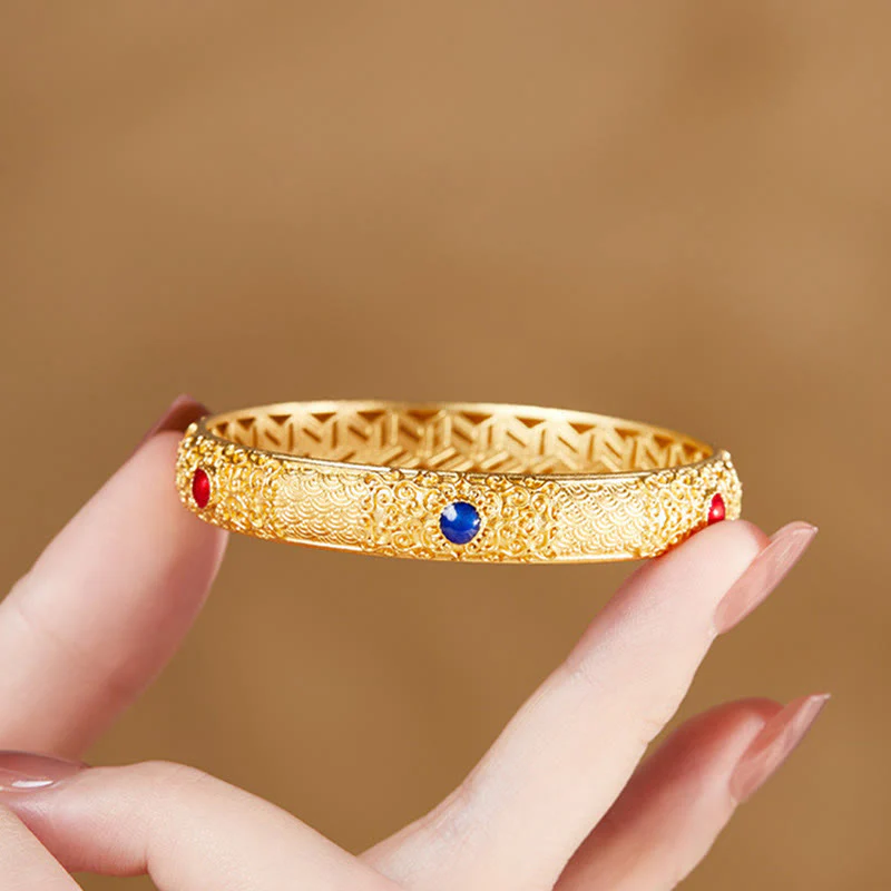 Buddha Stones 925 Sterling Silver Golden Auspicious Clouds Hollow Design Protection Bracelet Bangle 2.20 IN (56 MM)