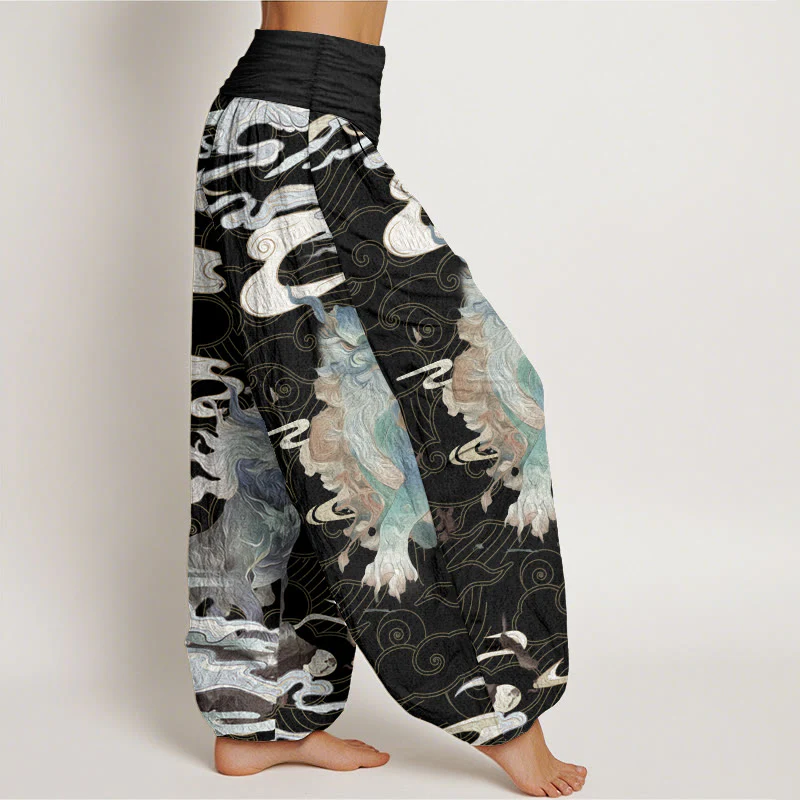 Buddha Stones Pure Cotton PiXiu Auspicious Clouds Pattern Women's Elastic Waist Harem Pants
