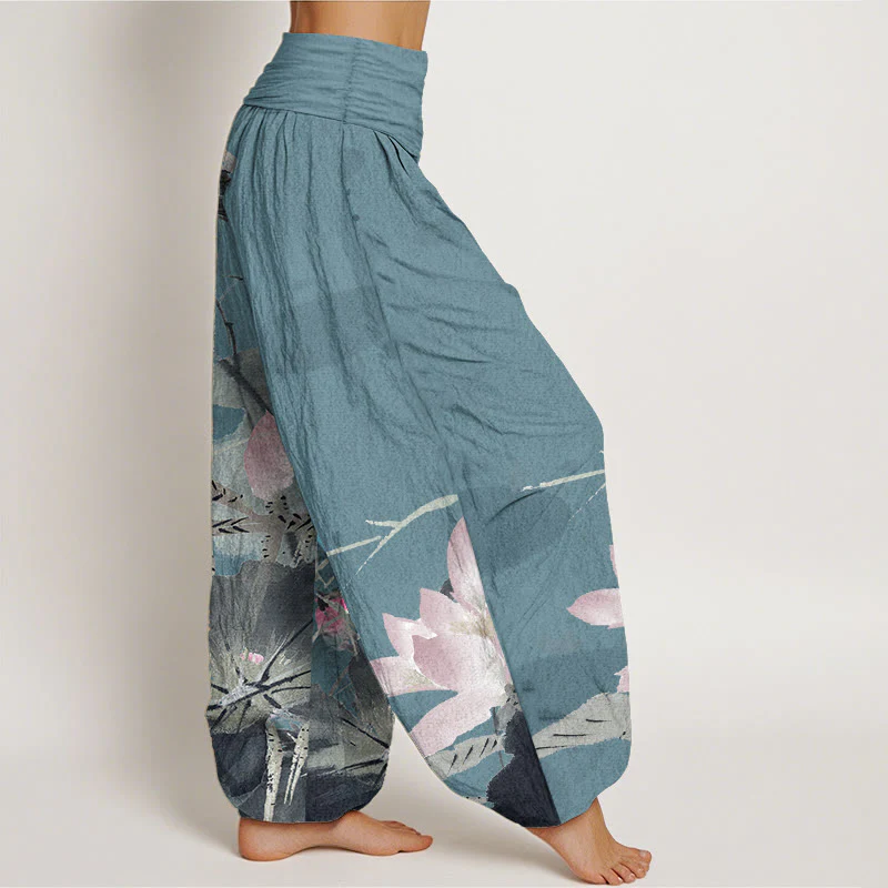 Buddha Stones Pure Cotton Pink Lotus Leaves Bird Pattern Women's Elastic Waist Harem Pants