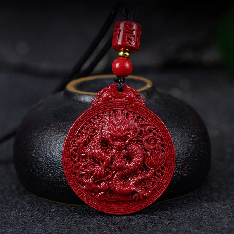 Buddha Stones Year of the Dragon Natural Cinnabar Dragon Protection Necklace Pendant
