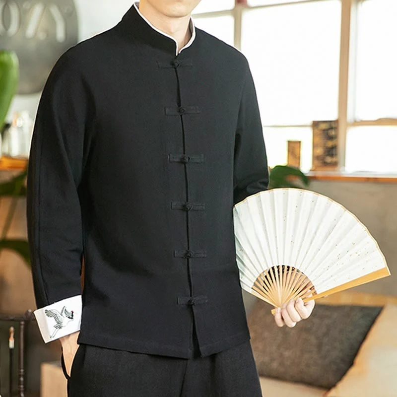 Buddha Stones Tang Suit Frog-Button Crane Embroidery Long Sleeve Cotton Men's Shirt