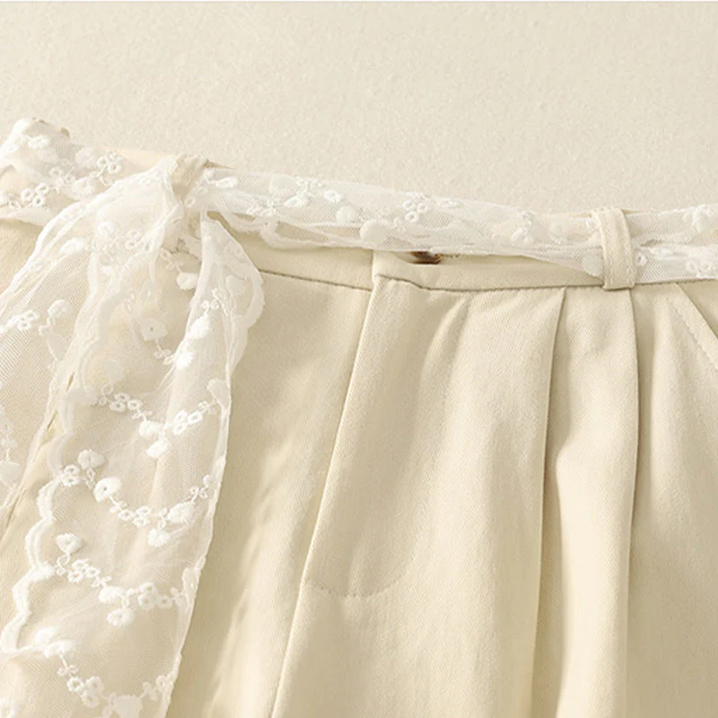 Buddha Stones Daily Solid Color Lace Belt Women's Wide Leg Cotton Pants With Pockets