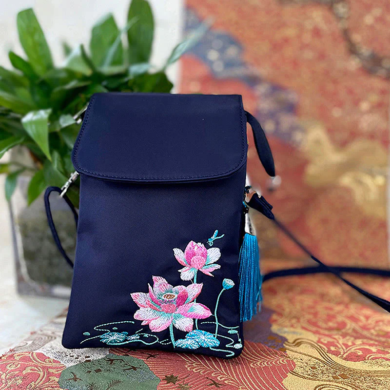 Buddha Stones Waterproof Handmade Embroidered Lotus Flowers Crossbody Bag Shoulder Bag Cellphone Bag