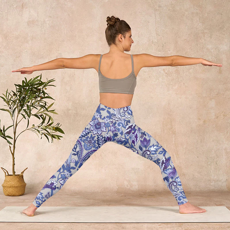 Buddha Stones Purple Flower Leaves Print Gym Fitness Leggings Women's Yoga Pants