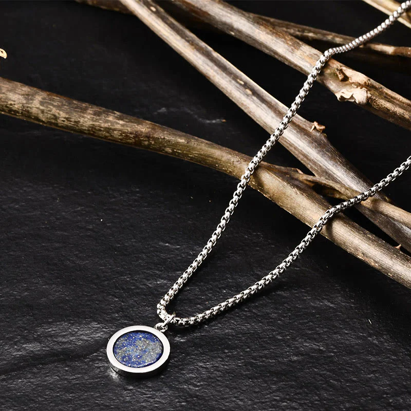 Buddha Stones Natural Stone Turquoise Tiger Eye  Lazurite Malachite Titanium Steel Purification Necklace Pendant