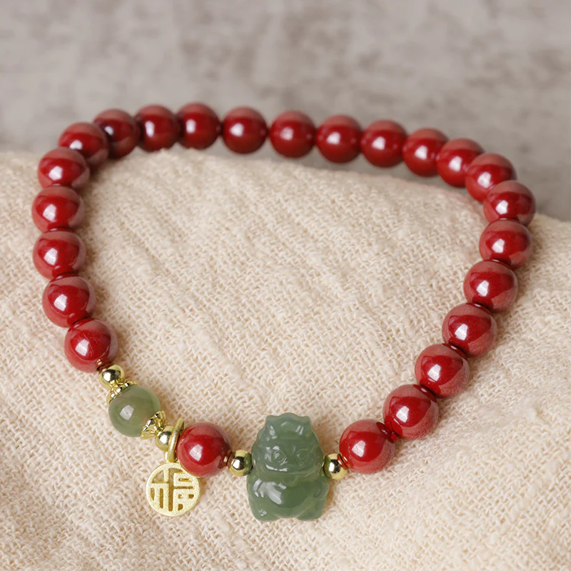 Buddha Stones 925 Sterling Silver Year of the Dragon Natural Cinnabar Hetian Jade Dragon Fu Character Ruyi As One Wishes Charm Blessing Bracelet (Extra 30% Off | USE CODE: FS30)