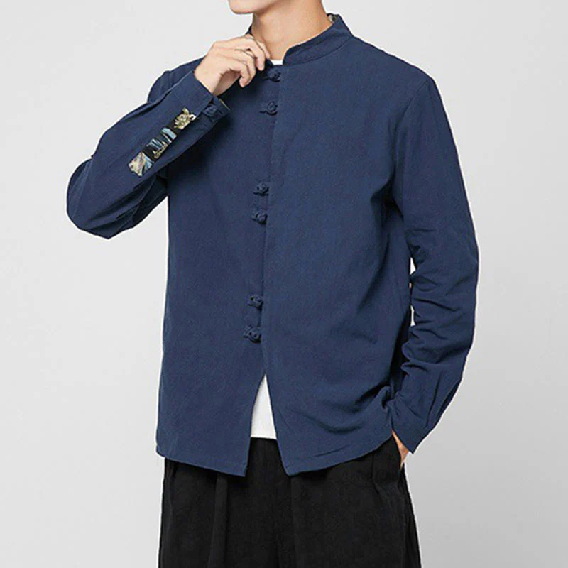 Buddha Stones Men's Frog-Button Dragon Pattern Cuffs Cotton Long Sleeve Shirt