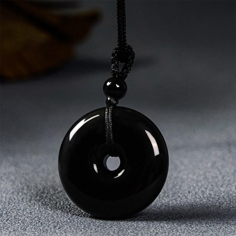 Buddha Stones Natural Black Obsidian Peace Buckle Strength Rope Necklace Pendant