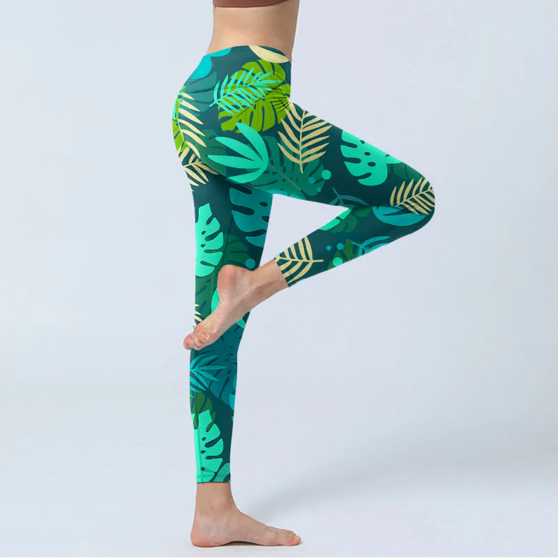 Buddha Stones Various Shapes Of Leaves Pattern Print Gym Leggings Women's Yoga Pants